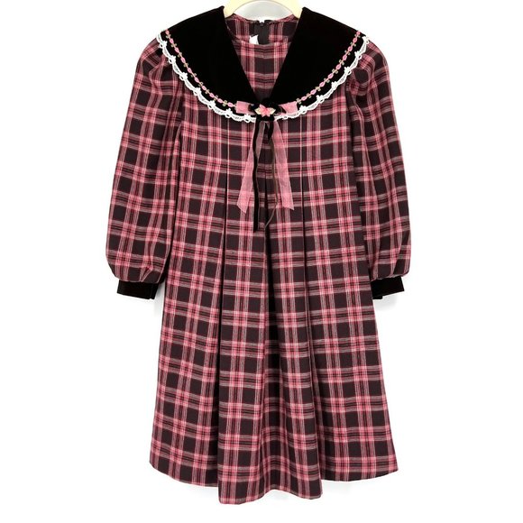 Vintage‎ Bonnie Jean Girls Size 6X Plaid Velvet Collar Dress Pink Brown Pleated - Picture 1 of 8